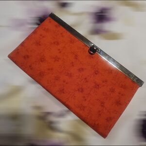 Handmade Womens Clutch Wallet Red Floral Fabric Linen Fold Over Boho Retro